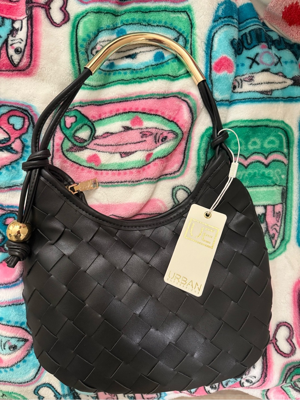 Urban Expressions Black Woven Shoulder Bag with Gold Handle